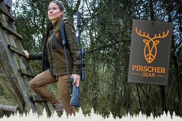 Pirscher Gear für Damen: Field Jagdbluse - Vale Damen Strickfleece-Weste - Jagdleggings in braun
